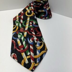 Golden House Necktie Christmas Colorful Candy Canes Black Background 57"